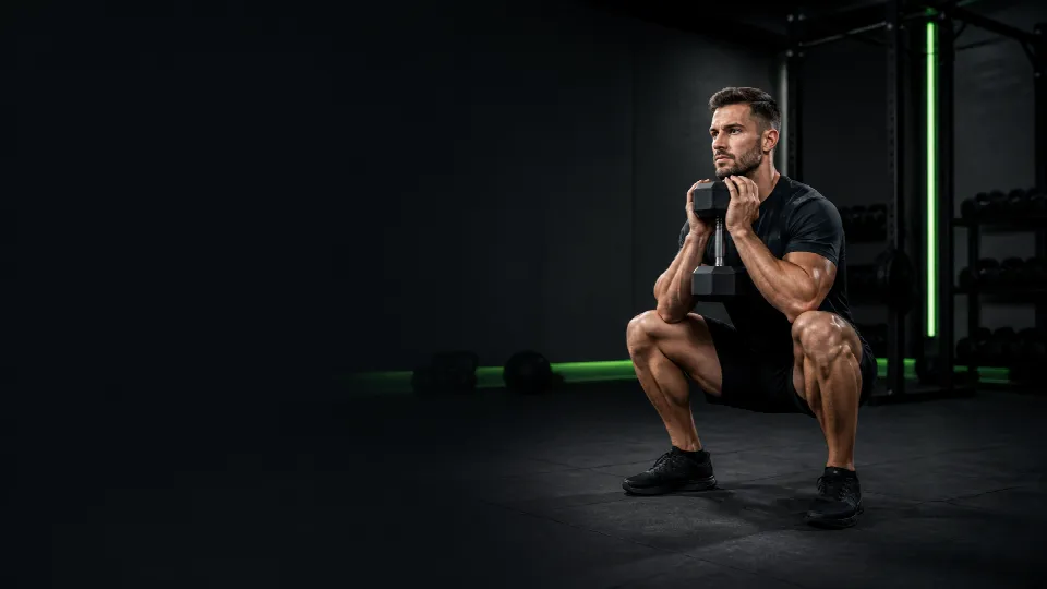 Atleta realizando una sentadilla goblet en un espacio de entrenamiento